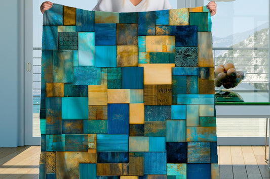 Sherpa Throw Blanket - Blue Teal Patchwork Quilt-print Pattern Design with Gold Accents - Soft Plush Throw Blanket-Jacobson Cottage
