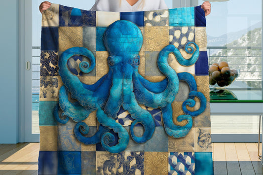Sherpa Throw Blanket - Nautical Octopus Blue Teal Patchwork Print Pattern Design - Soft Plush Throw Blanket-Jacobson Cottage
