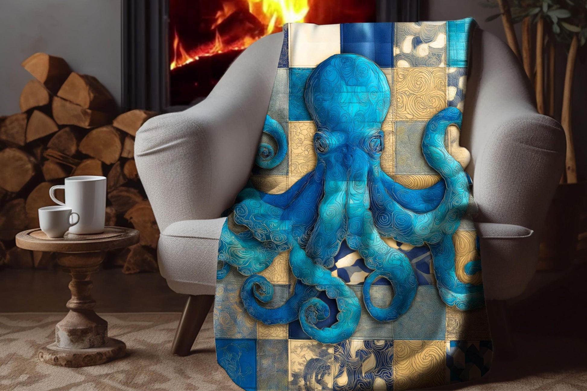 Sherpa Throw Blanket - Nautical Octopus Blue Teal Patchwork Print Pattern Design - Soft Plush Throw Blanket-Jacobson Cottage