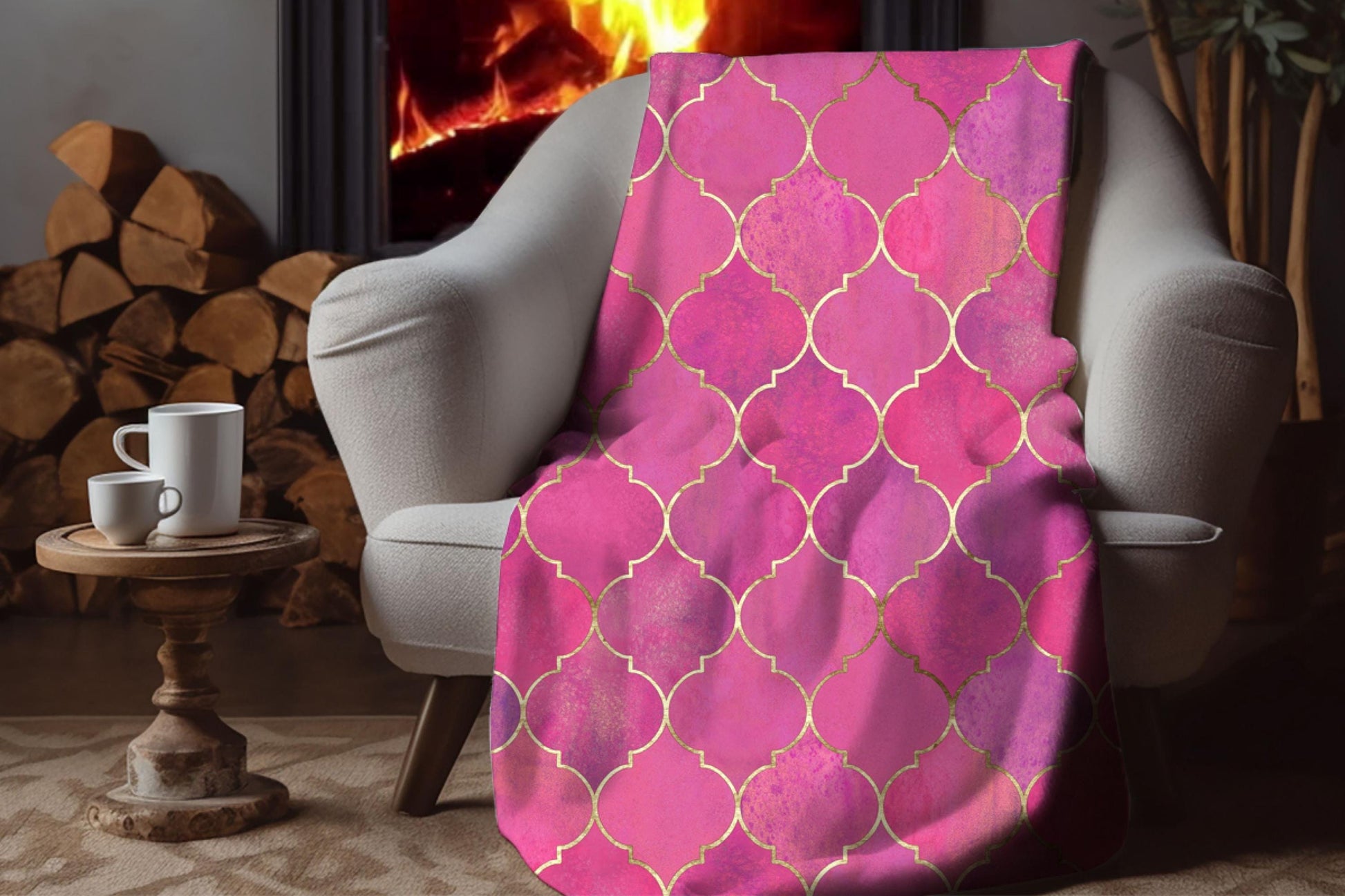 Sherpa Throw Blanket - Pink and Purple Moroccan Trellis with Gold Accents - Soft Plush Throw Blanket-Jacobson Cottage