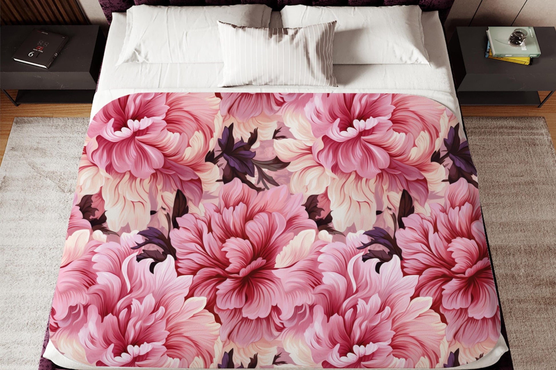 Sherpa Throw Blanket - Large Pink Flower Pattern Romantic Floral - Soft Plush Throw Blanket-Jacobson Cottage