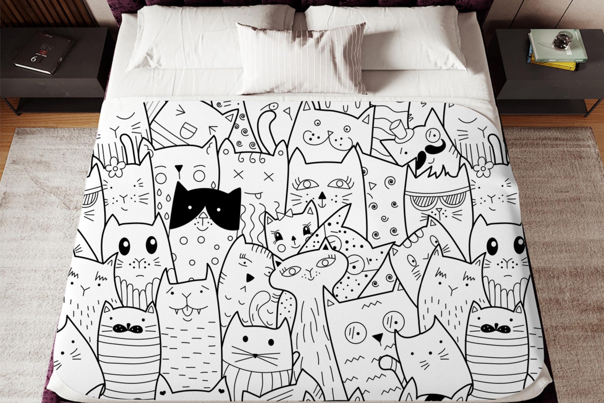 Sherpa Throw Blanket - Black and White Comic Cats - Soft Plush Throw Blanket-Jacobson Cottage
