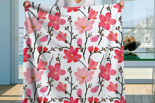 Sherpa Throw Blanket - Watercolor Pink Floral Blossom Design - Soft Plush Throw Blanket-Jacobson Cottage