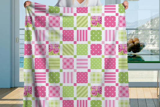 Sherpa Throw Blanket - Pink and Green Squares Patchwork with Roses - Soft Plush Throw Blanket-Jacobson Cottage