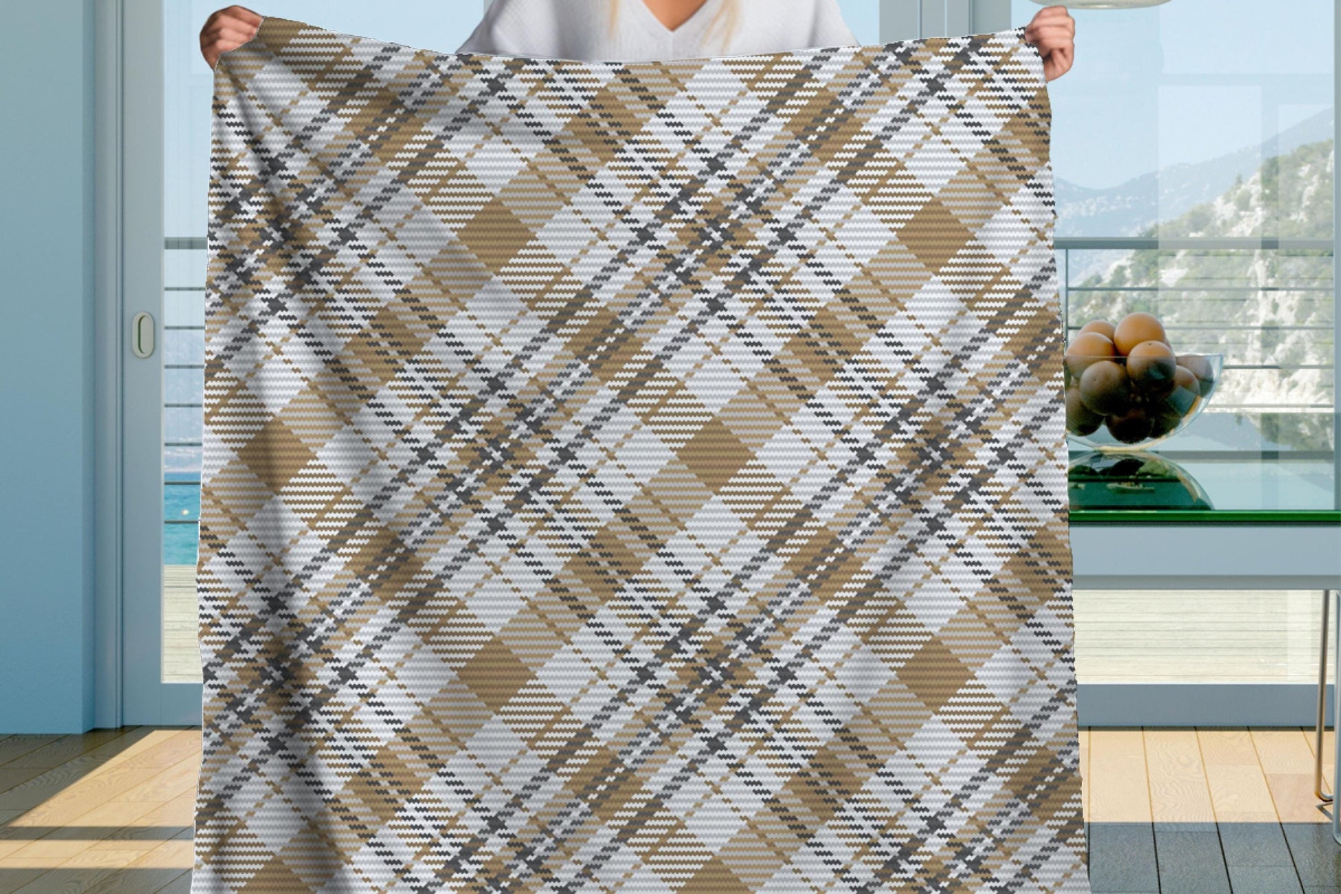 Sherpa Throw Blanket - Beige and Gray Woven Plaid Tartan Pattern - Soft Plush Throw Blanket-Jacobson Cottage