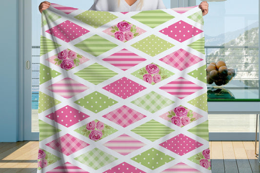 Sherpa Throw Blanket - Pink and Green Diamond Patchwork with Roses -Soft Plush Throw Blanket-Jacobson Cottage
