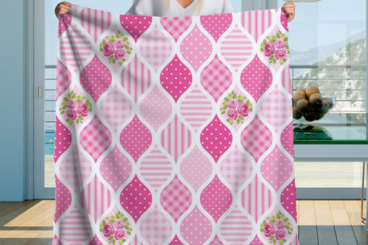 Sherpa Throw Blanket - Pastel Scallop Patchwork with Roses - Soft Plush Throw Blanket-Jacobson Cottage