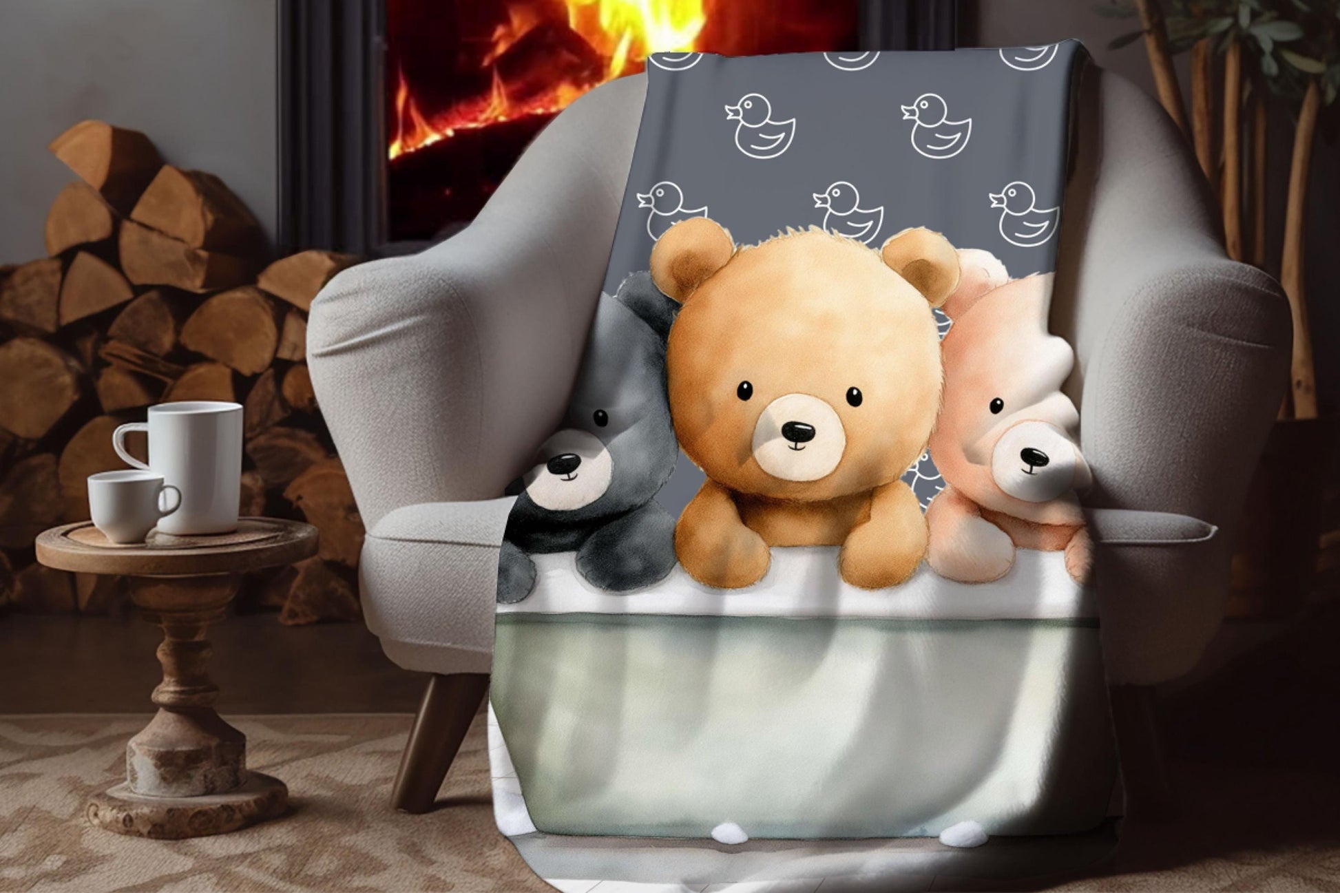Sherpa Throw Blanket - Teddy bears in bath - Soft Plush Throw Blanket-Jacobson Cottage