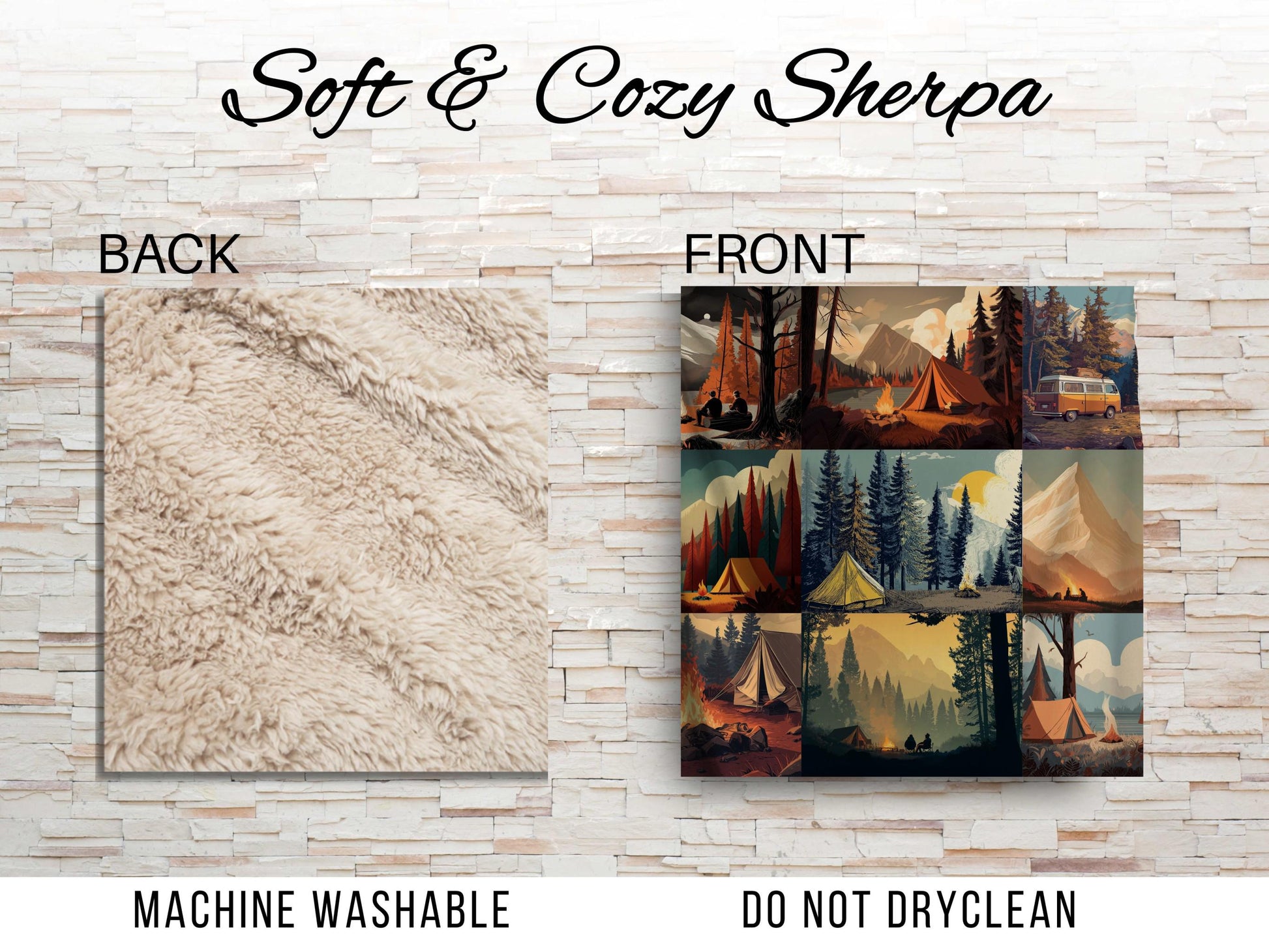 Sherpa Throw Blanket - Boho Camping Collage Outdoorsy Design- Soft Plush Throw Blanket-Jacobson Cottage