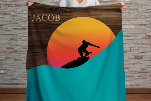 Sherpa Throw Blanket - Custom Name Surfer in Sunset - Soft Plush Throw Blanket-Jacobson Cottage