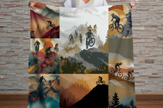 Sherpa Throw Blanket - Mountain Bike Collage Design - Soft Plush Throw Blanket-Jacobson Cottage