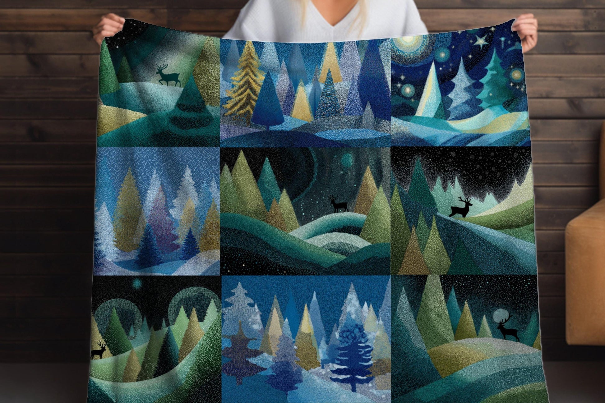 Sherpa Throw Blanket - Blue and Green Christmas Tree Collage - Soft Plush Throw Blanket-Jacobson Cottage