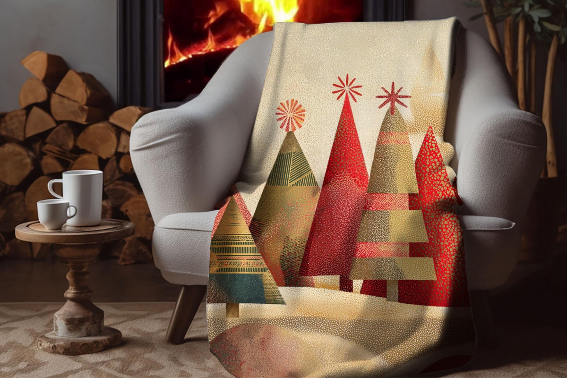 Sherpa Throw Blanket - Modern Red and Christmas Tree Design - Soft Plush Throw Blanket-Jacobson Cottage