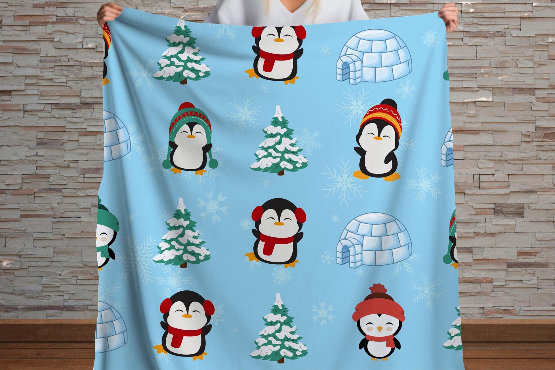 Sherpa Throw Blanket - Cartoon Penguins Christmas - Soft Plush Throw Blanket-Jacobson Cottage