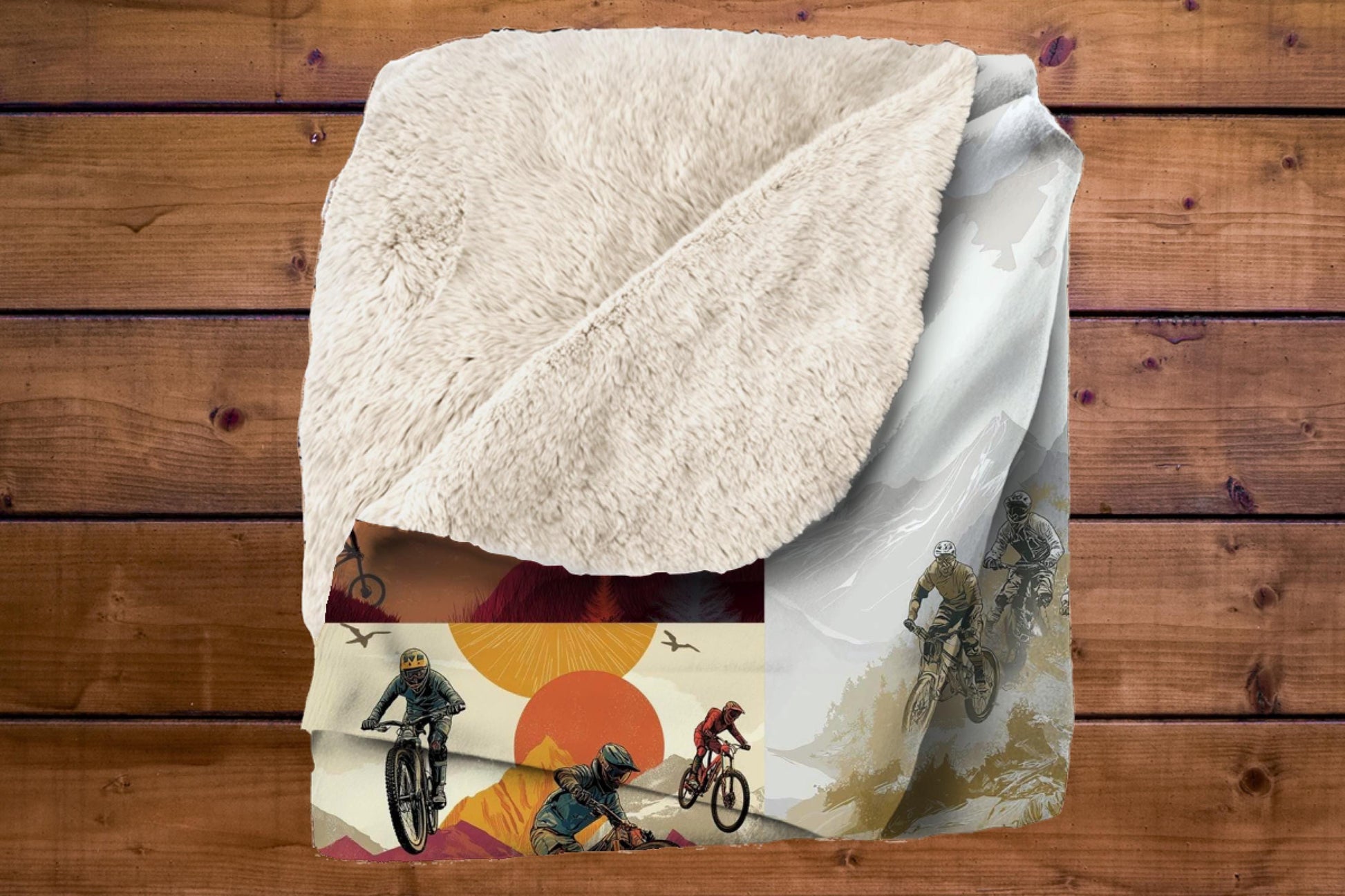 Sherpa Throw Blanket - Mountain Bike Collage Design - Soft Plush Throw Blanket-Jacobson Cottage