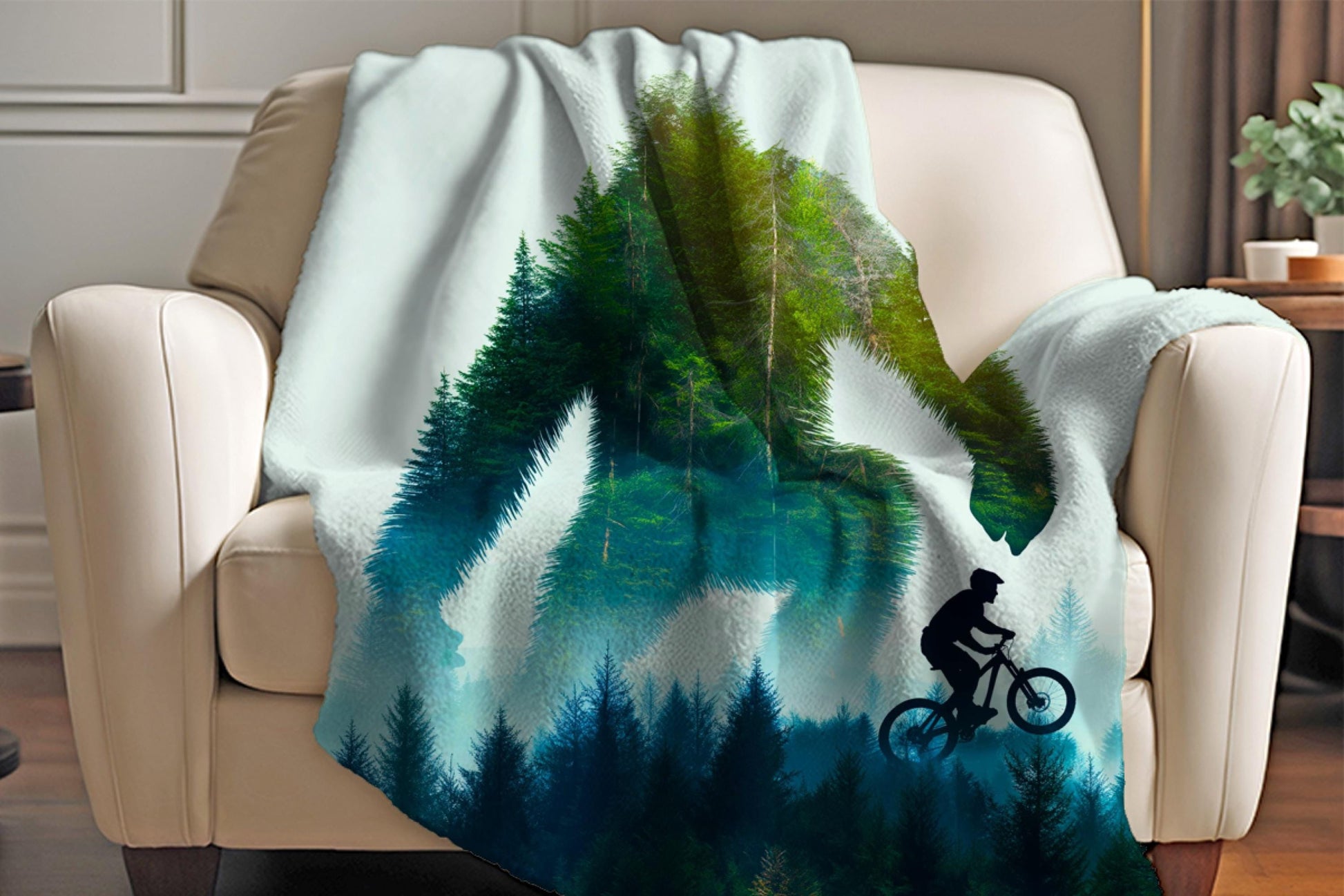 Sherpa Throw Blanket - Sasquatch Monster Mountain Biking in the woods - Soft Plush Throw Blanket-Jacobson Cottage