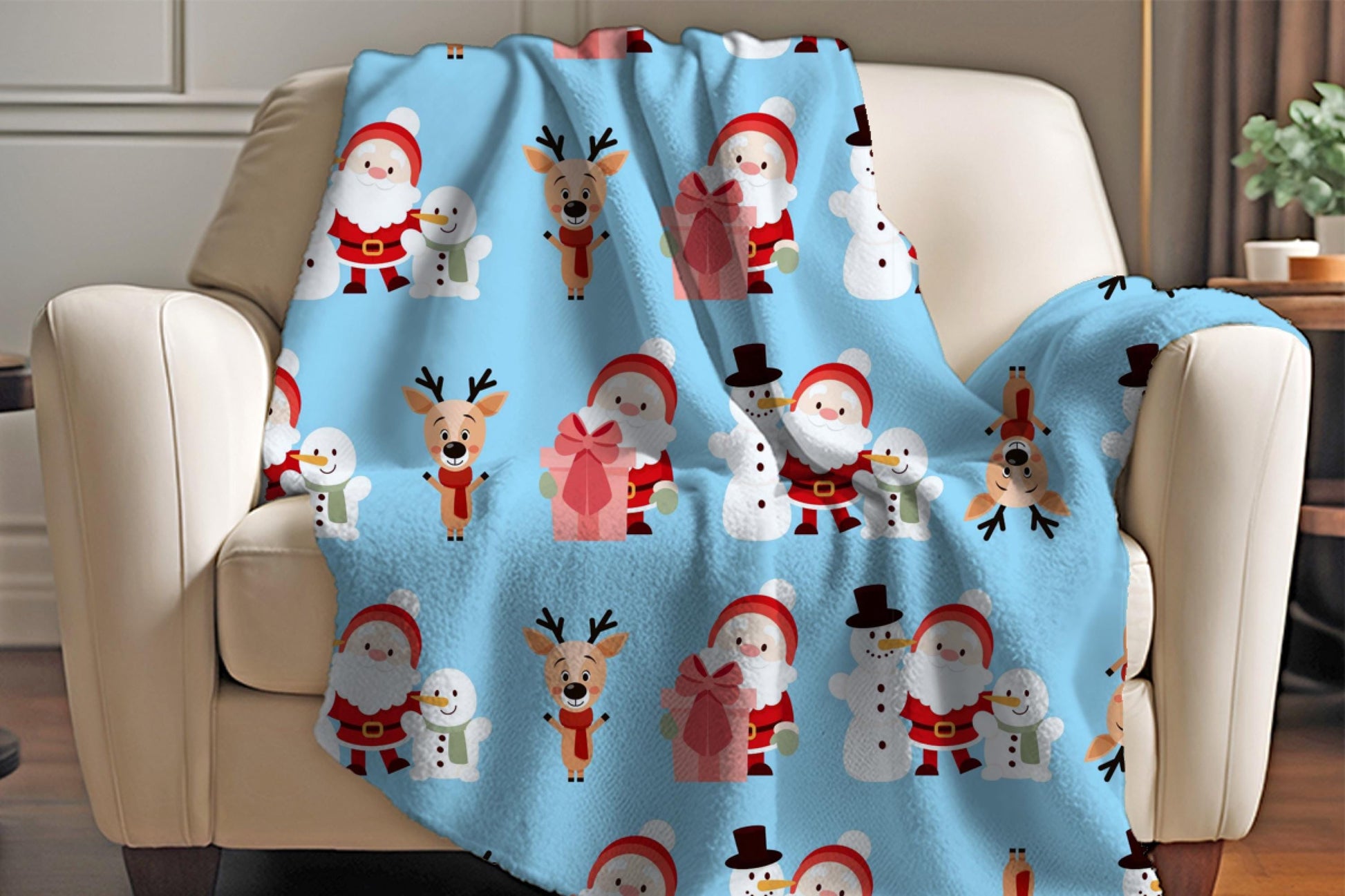 Sherpa Throw Blanket - Christmas Santa and Snowman - Soft Plush Throw Blanket-Jacobson Cottage