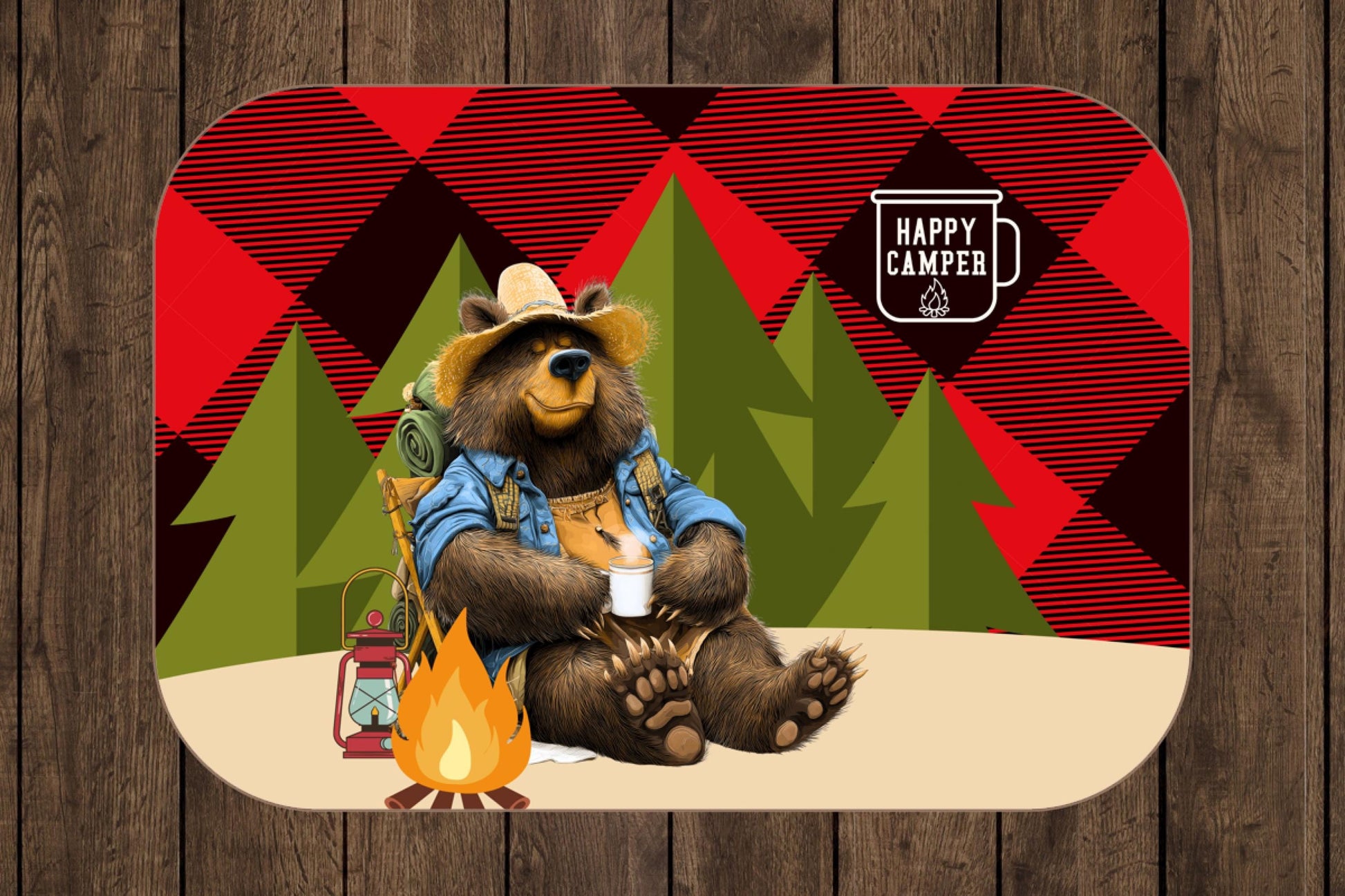 Sherpa Throw Blanket - Happy Camper Cartoon Bear Plaid - Soft Plush Throw Blanket-Jacobson Cottage
